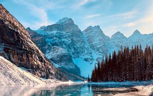 Preview wallpaper mountains, lake, rocks, ice, trees, slope