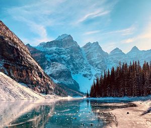 Preview wallpaper mountains, lake, rocks, ice, trees, slope