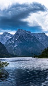 Preview wallpaper mountains, lake, rocks, snow, snowy, branches