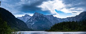 Preview wallpaper mountains, lake, rocks, snow, snowy, branches