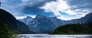 Preview wallpaper mountains, lake, rocks, snow, snowy, branches