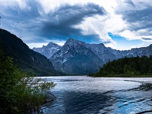 Preview wallpaper mountains, lake, rocks, snow, snowy, branches