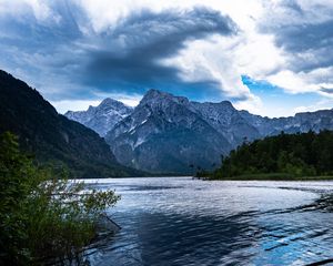 Preview wallpaper mountains, lake, rocks, snow, snowy, branches