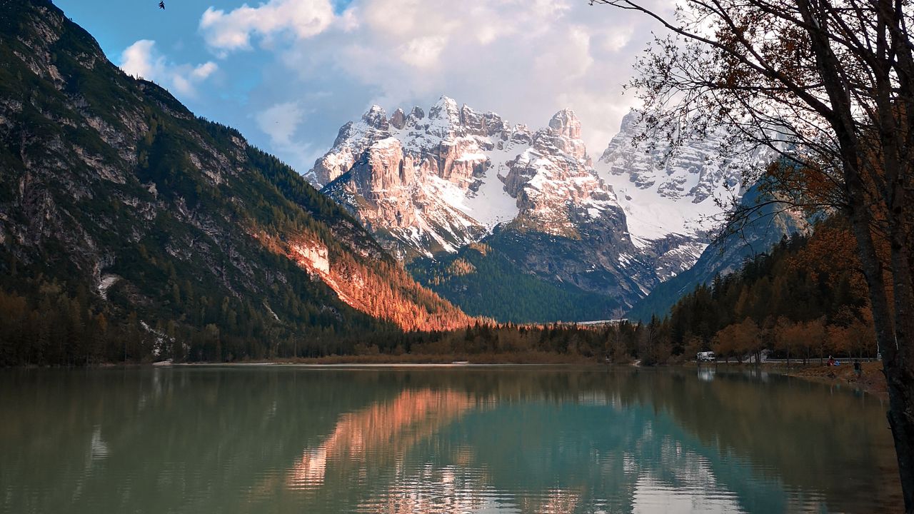 Wallpaper mountains, lake, shore, forest, trees