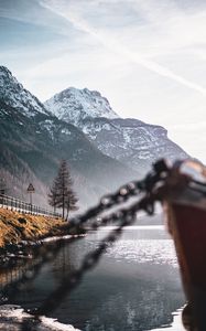 Preview wallpaper mountains, lake, shore, boat, landscape