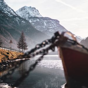 Preview wallpaper mountains, lake, shore, boat, landscape