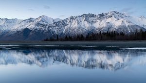 Preview wallpaper mountains, lake, shore, reflection, landscape, quiet