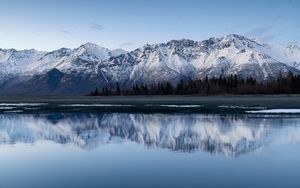 Preview wallpaper mountains, lake, shore, reflection, landscape, quiet