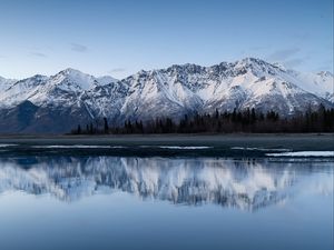 Preview wallpaper mountains, lake, shore, reflection, landscape, quiet