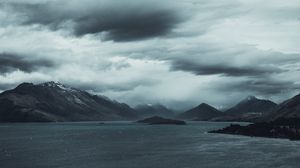 Preview wallpaper mountains, lake, sky, overcast