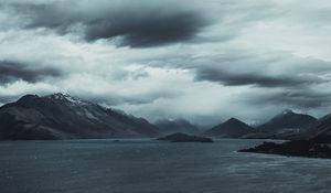 Preview wallpaper mountains, lake, sky, overcast