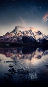 Preview wallpaper mountains, lake, sky, reflection, stones