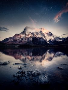 Preview wallpaper mountains, lake, sky, reflection, stones