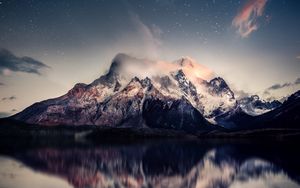 Preview wallpaper mountains, lake, sky, reflection, stones