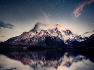 Preview wallpaper mountains, lake, sky, reflection, stones