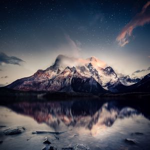 Preview wallpaper mountains, lake, sky, reflection, stones