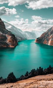 Preview wallpaper mountains, lake, sky, clouds, mountain landscape, grass