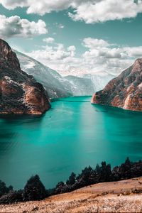 Preview wallpaper mountains, lake, sky, clouds, mountain landscape, grass