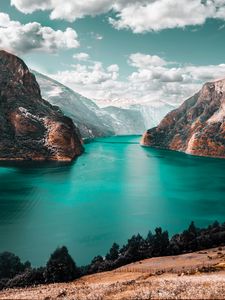Preview wallpaper mountains, lake, sky, clouds, mountain landscape, grass