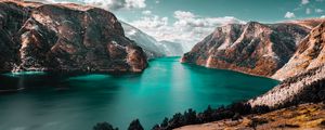 Preview wallpaper mountains, lake, sky, clouds, mountain landscape, grass