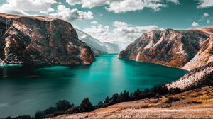 Preview wallpaper mountains, lake, sky, clouds, mountain landscape, grass