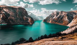 Preview wallpaper mountains, lake, sky, clouds, mountain landscape, grass