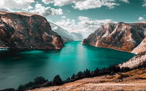 Preview wallpaper mountains, lake, sky, clouds, mountain landscape, grass