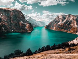 Preview wallpaper mountains, lake, sky, clouds, mountain landscape, grass