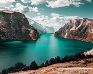 Preview wallpaper mountains, lake, sky, clouds, mountain landscape, grass