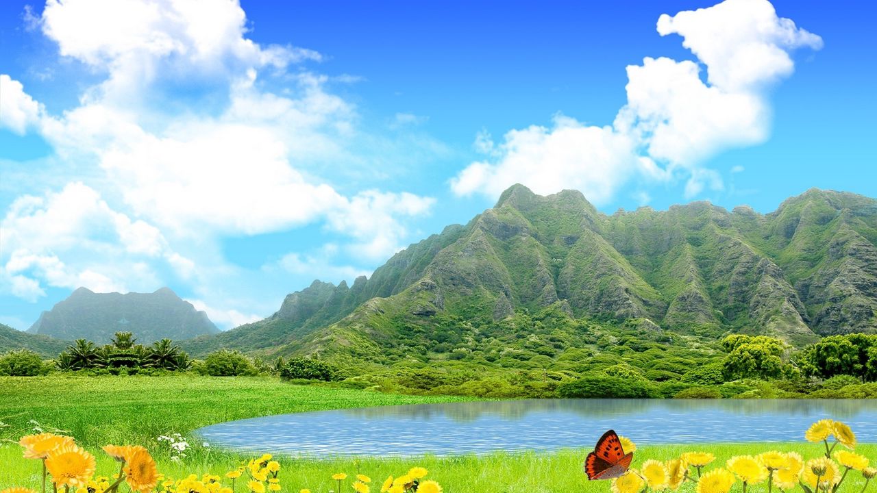 Wallpaper mountains, lake, sky, flowers, butterfly, summer