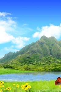 Preview wallpaper mountains, lake, sky, flowers, butterfly, summer