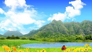 Preview wallpaper mountains, lake, sky, flowers, butterfly, summer