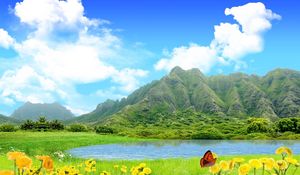 Preview wallpaper mountains, lake, sky, flowers, butterfly, summer