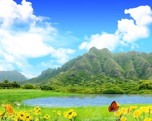 Preview wallpaper mountains, lake, sky, flowers, butterfly, summer