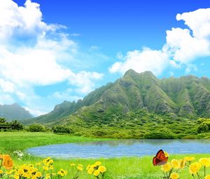 Preview wallpaper mountains, lake, sky, flowers, butterfly, summer