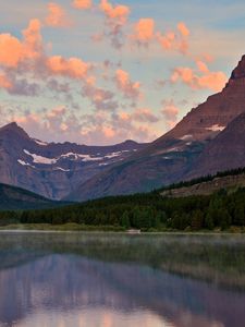 Preview wallpaper mountains, lake, sky, clouds, air, evening