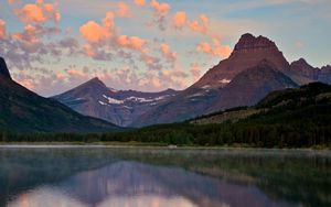 Preview wallpaper mountains, lake, sky, clouds, air, evening