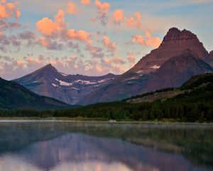 Preview wallpaper mountains, lake, sky, clouds, air, evening