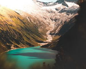 Preview wallpaper mountains, lake, slopes, peak, snow
