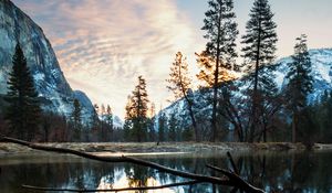 Preview wallpaper mountains, lake, snag, trees