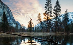 Preview wallpaper mountains, lake, snag, trees