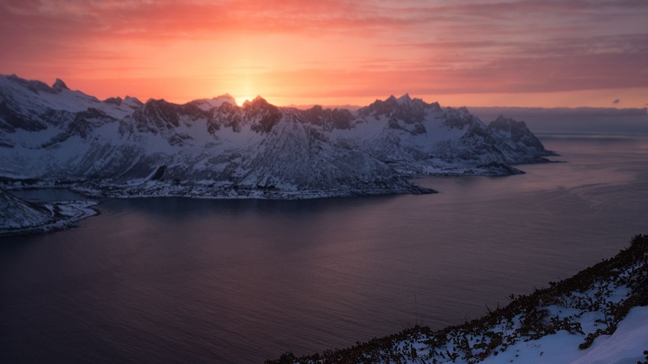 Wallpaper mountains, lake, snow, winter, sunset