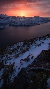 Preview wallpaper mountains, lake, snow, winter, sunset