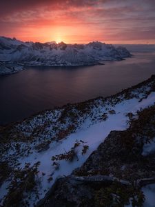 Preview wallpaper mountains, lake, snow, winter, sunset