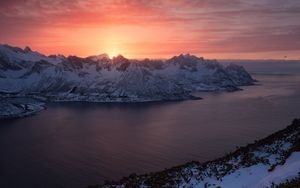 Preview wallpaper mountains, lake, snow, winter, sunset