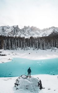 Preview wallpaper mountains, lake, snow, loneliness, solitude, man, winter