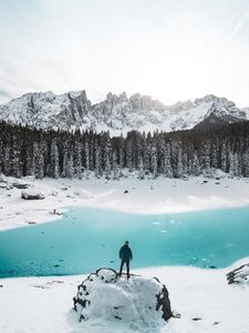 Preview wallpaper mountains, lake, snow, loneliness, solitude, man, winter