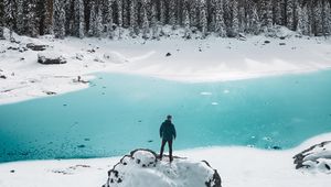 Preview wallpaper mountains, lake, snow, loneliness, solitude, man, winter