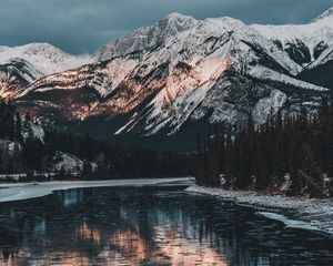 Preview wallpaper mountains, lake, snow, snowy, jasper, canada