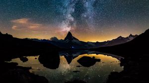 Preview wallpaper mountains, lake, space, starry sky